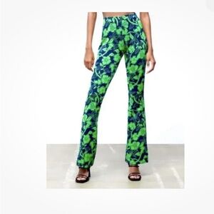 Zara Green Blue Jacquard Floral Print High Waisted Flare Pants Size Large New